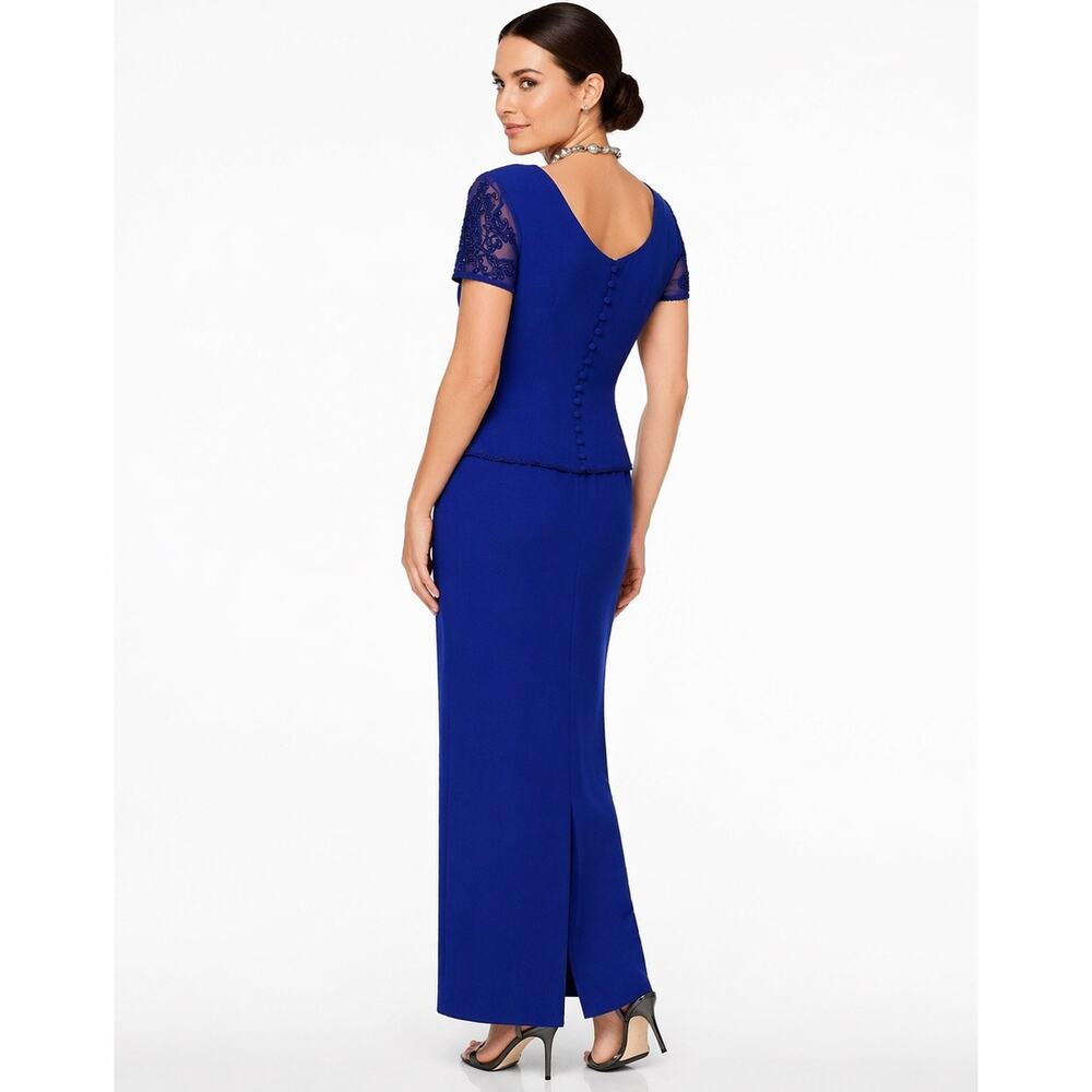 Talbots Royal Blue Crepe Maxi Dress Beaded Sleeves Button Back Formal
